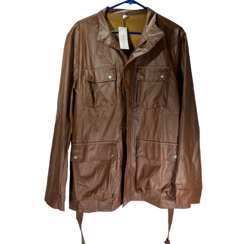 OC Order Plus PU Leather Womens Chocolate Belted Mid Length Size Large Jacket